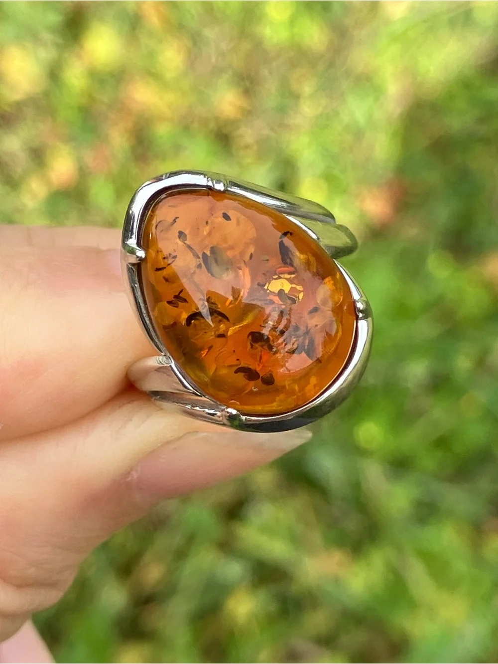 Genuine Amber Sterling Silver Ring Size 6